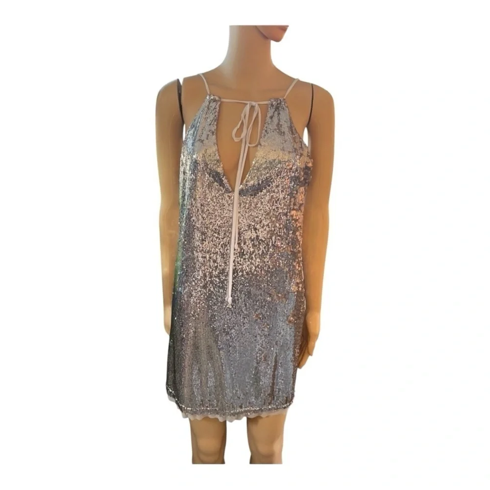 IntFree People Double Take Sequin Mini Dress Women Silver V Neck Silver  Dress